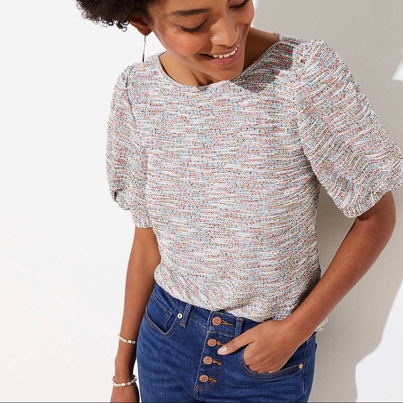 LOFT | Top Size Small Multicolor Textured Puff Sleeve NWT - Picture 1 of 5
